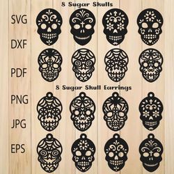 Sugar Skull Earrings Template Bundle For Laser Cut, Cricut, Silhouette, Halloween Earrings SVG, Sugar Skull Pendant