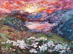 Lake Island Flowers Sunset Mountains Original Art Oil Painting impasto Artist Svinar Oksana