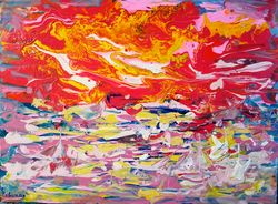 Waves Storm Sea Sunset Original Art Bright Painting Artist Svinar Oksana