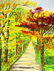 Alley with red and yellow trees, autumn painting