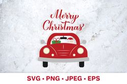 Merry Christmas. Retro car with Santa Claus SVG
