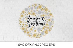 Seasons Greetings calligraphy hand lettering with gold and silver snowflakes, stars and dots