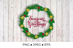 Seasons Greetings calligraphy lettering.  Christmas wreath sublimation design