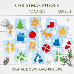 Christmas puzzle game for toddlers, Printable puzzle in PDF, JPG formats, baby puzzle board game, Homeschooling DIY