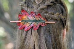 Oak leaf hair slide for mori girl. Leather barrette with wooden stick for forest wedding. Hair stick barrette