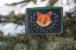 Compact fantasy wallet with red fox. Leather card holder with fire fox and fall leafes. Cute gift for fox's lovers.