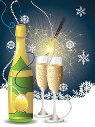 Champagne bottle, two glasses and sparkler on blue background with snowflakes