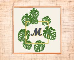 Monogram Cross Stitch Pattern Monstera Cross Stitch Customizable Letter Cross Stitch Floral Palm leafs cross stitch PDF