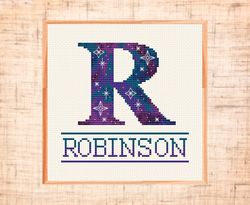 Monogram R cross stitch pattern, Letter cross stitch, Galaxy Family name Customizable cross stitch