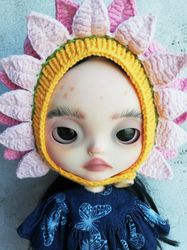 Blythe hat crochet helmet green pink flower for custom blythe halloween outfit blythe doll clothes cute hat