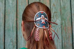 Big hair slide with raven and feather. Hair stick barrette with native americans ornaments. Hair pin with white crow.
