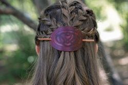 Leather hair slide with celtic knot. Celtic barrette for women. Stick barrette for celtic wedding. Medieval barrette