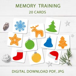 Christmas memory training game for toddlers, Printable cards in PDF, JPG formats, baby board game, Homeschooling DIY