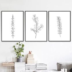 Plant Line Drawing Minimalist Poster Set of 3 Prints Printable Wall Art Leaves Artwork Leaves Line Art Botanical Print