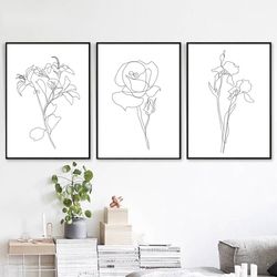 Minimalist Print Floral Line Drawing Digital Prints Set of 3 Wall Art Botanical Line Art Flower Print Large Poster