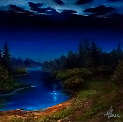 River painting Night bank of the river Original oil painting on cardboard 8x8 inches Wall art Night painting