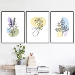 Flower Print Printable Wall Art Floral Art Scandi Poster Plants Line Art Set of 3 Prints Botanical Art Line Drawing