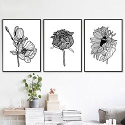 Flower Poster Black White Print Printable Wall Art Floral Art Plants Line Art Set of 3 Prints Botanical Art Line Drawing