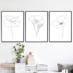 Flower Print Minimal Line Art Set of 3 Prints Printable Wall Art Floral Art Scandi Poster Botanical Art Line Drawing