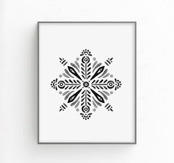 Snowflake printable wall art, Watercolor winter print, Black and white wall decor, Minimalist art, Scandi printables