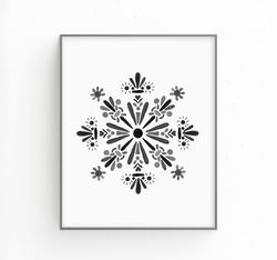 Snowflake art print, Black and white Christmas art, Hand painted snowflakes, Winter wall decor | DIGITAL PRINTS