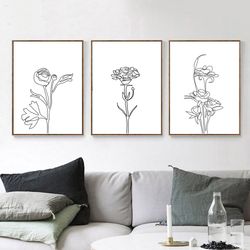 Flower Line Drawing Minimal Line Art Set of 3 Prints Printable Wall Art Plant Print Botanical Art Floral Poster Home Art