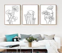 Botanical Art Set of 3 Prints Line Drawing Flowers Print Minimal Line Art Printable Wall Art Floral Art Scandi Poster