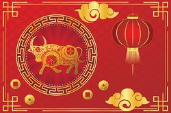 Chinese new year card with bull and flowers
