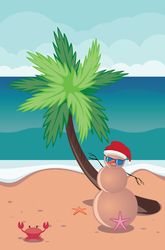Christmas sandman in Santa hat and sunglasses on a beach illustration
