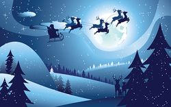 Peaceful winter forest at night and flying santa, Christmas night