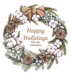 Wreath clipart. Christmas wreath sticker. Clipart Christmas watercolor wreath. Digital printable poster