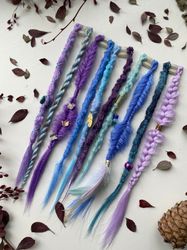 Set of double clip-in, Accessories for hair, boho style, blue colour dreads
