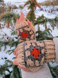 Cottagecore fingerless gloves granny square, beige fingerless gloves, winter gloves, granny square mittens