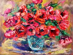 Poppy Oil Painting Flowers Impasto Glass Vase Candy Original Artist Svinar Oksana
