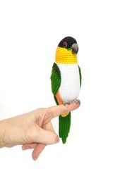Black-Headed Caique crochet bird with jute stand
