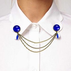 Royal Blue Brooch, Blue Collar Pin with chain and charm