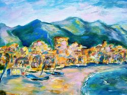 Seaside Town Original Oil Abstract Painting Canvas Art Italian Landscape Beach Painting Mountains Painting 12" x 16"