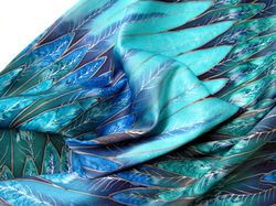 Hand painted Silk scarf. Scarf in Blue, turquoise, blue, green colors. Size 16/18 inch. Natural silk.