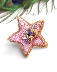 Pink star brooch, beaded brooch, embroidered brooch, space pin, star pin, brooch pin, handmade brooch, gift for her