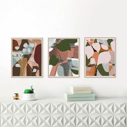 Abstract Botanical Set of 3 Posters Leaf Wall Art Downloadable Prints Large Abstract Painting Leaves Art Kitchen Decor