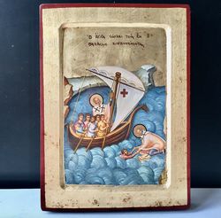 St. Nicholas the Wonderworker at sea | Hand made Icon on a wood | Size: 26x19 cm, hand gilding, with ark -