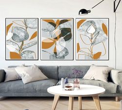Abstract Leaf Abstract Botanical Set of 3 Posters Gray Art Triptych Painting Downloadable Prints Terracotta Wall Art