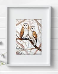Common barn 2 owl bird 8x11 inch original painting the owl art by Anne Gorywine