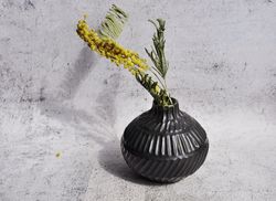 Black ceramic vase, modern table centerpiece bud vase in black colors, handmade porcelain vessel, ceramic carved vase.
