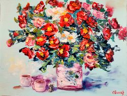 Roses Flower Coffee Candy Oil Painting Impasto Original Artist Svinar Oksana