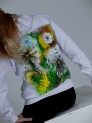 hand painted girl white hoodies, fabric painted clothes, dandelion drawing, custom hoodies, designer wearable art