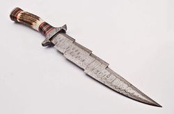 CUSTOM DAMASCUS STEEL BOWIE HUNTING KNIFE STAG ANTLER NATURAL WOOD HANDLE