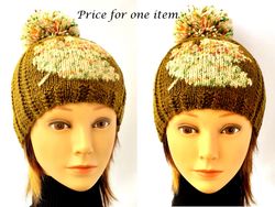 Unisex cap, Knitted handmade hat, Maple leaf ornament, Adult unisex hats, Hand knit pompom beanie, Spring fashion kids