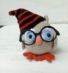 Hand Crochet Owl With Glasses Stuffed Toys Animals Birds Knit Amigurumi Gift