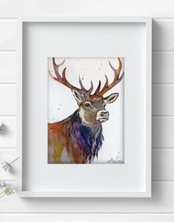 Original watercolor painting  8x11 deer animal elk art by Anne Gorywine